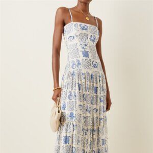 Agua by Agua Bendita Lima Tiered Printed Linen Maxi Dress in Blue